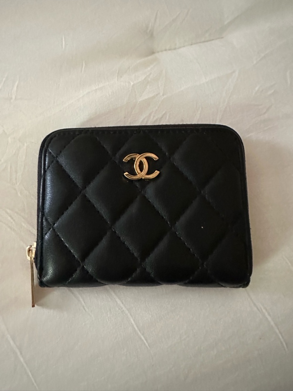 CC Quilted Black Leather Zip Wallet - Gold Hardware